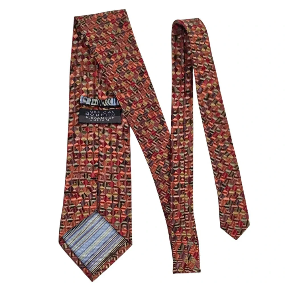 Alexander Julian American Modern Geometric Silk Tie Red Gold Tan Burgundy Woven